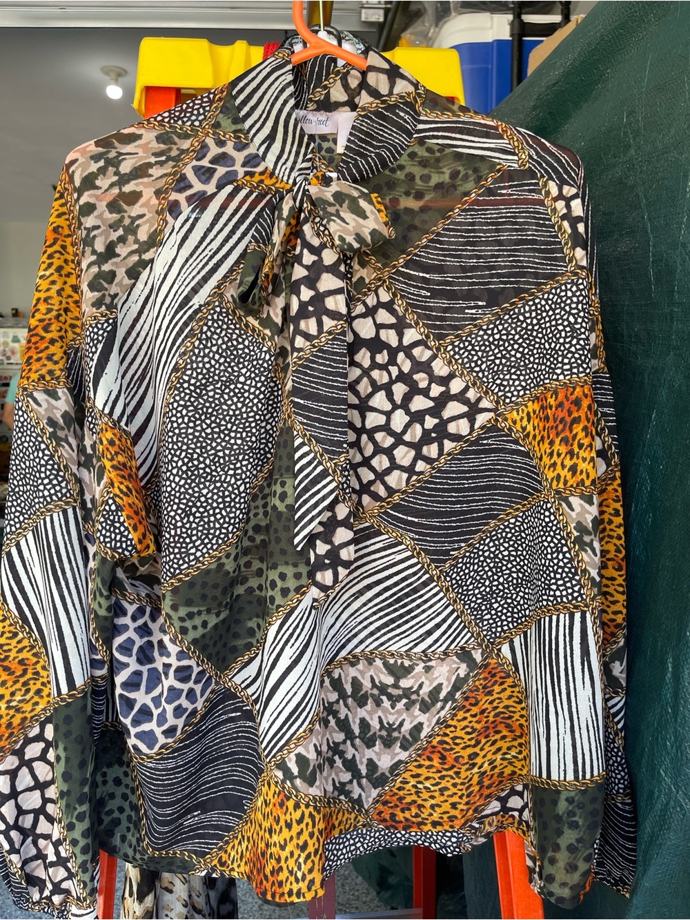 Patchwork Animal Print Tie-Neck Blouse - Black/Olive/Gold